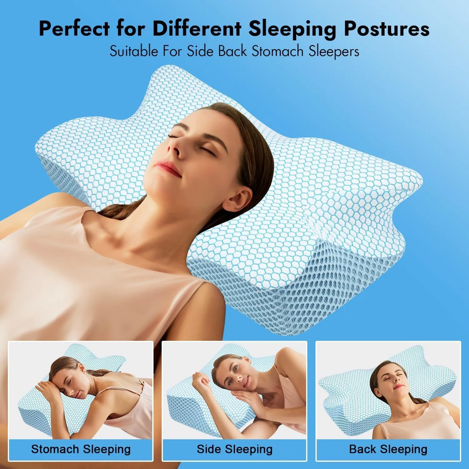 Anvo Cervical Pillow for Neck Pain Relief, Memory Foam Pillows for Neck and Shoulder Pain, Orthopedic Ergonomic Design for Sleeping, Suitable for Side Back and Stomach Sleeper, Cyan Soft