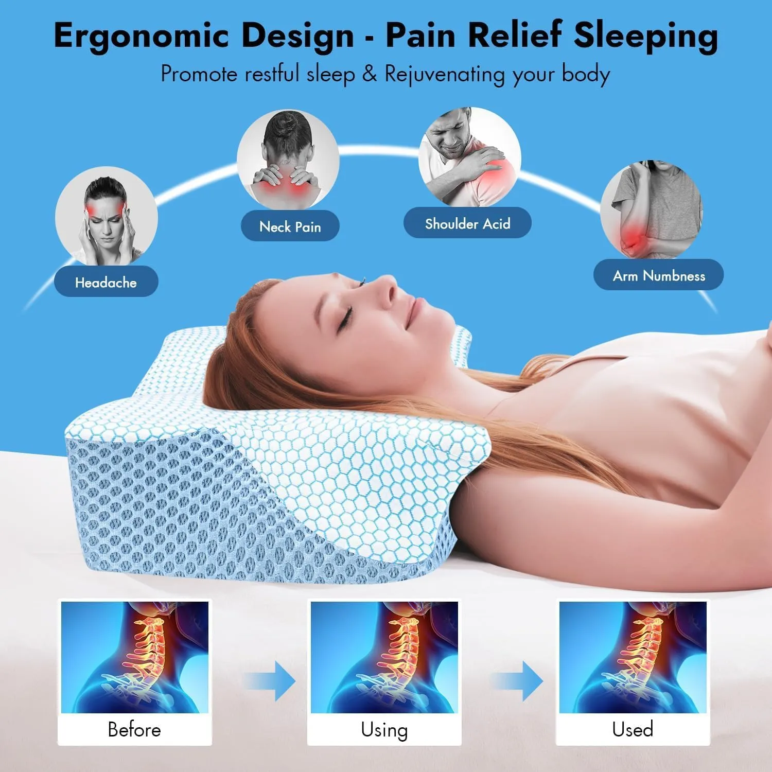 Anvo Cervical Pillow for Neck Pain Relief, Memory Foam Pillows for Neck and Shoulder Pain, Orthopedic Ergonomic Design for Sleeping, Suitable for Side Back and Stomach Sleeper, Cyan Soft