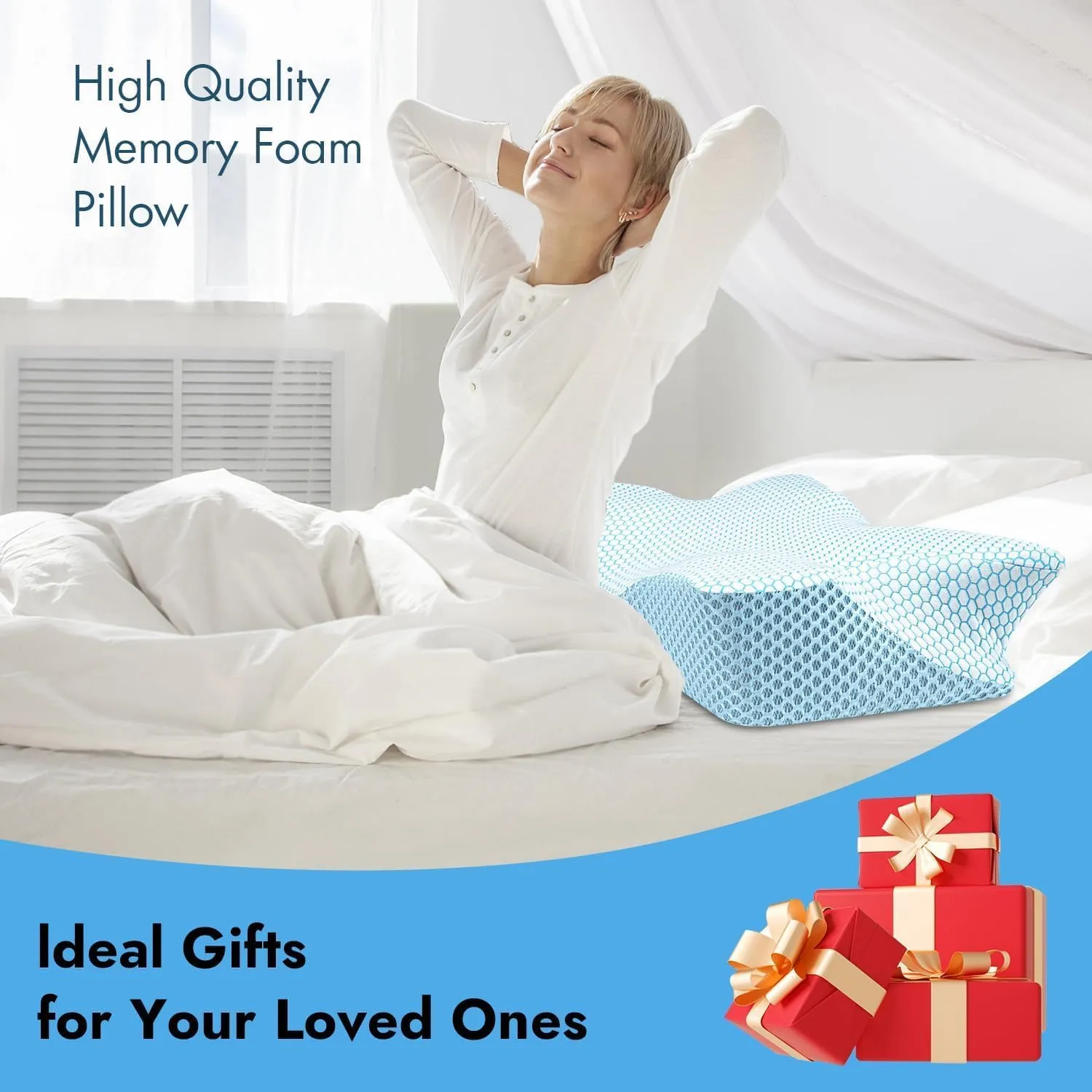 Anvo Cervical Pillow for Neck Pain Relief, Memory Foam Pillows for Neck and Shoulder Pain, Orthopedic Ergonomic Design for Sleeping, Suitable for Side Back and Stomach Sleeper, Cyan Soft