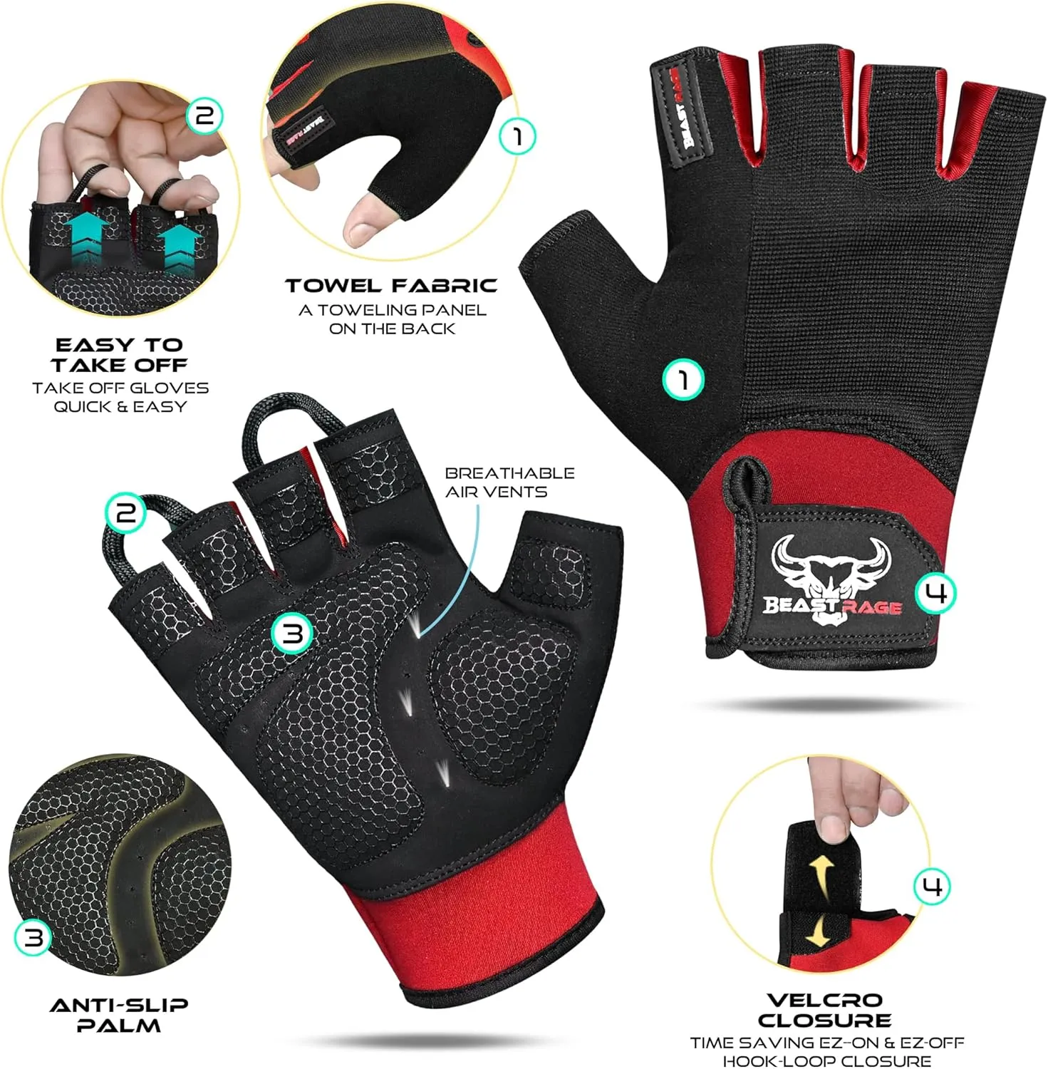 BEAST RAGE Workout Gloves for Men, Durable Palm Grip Gym Gloves Women Half Finger Elasticated Training Weight Lifting Strength Bodybuilding Anti Slip Cycling Gloves Exercise