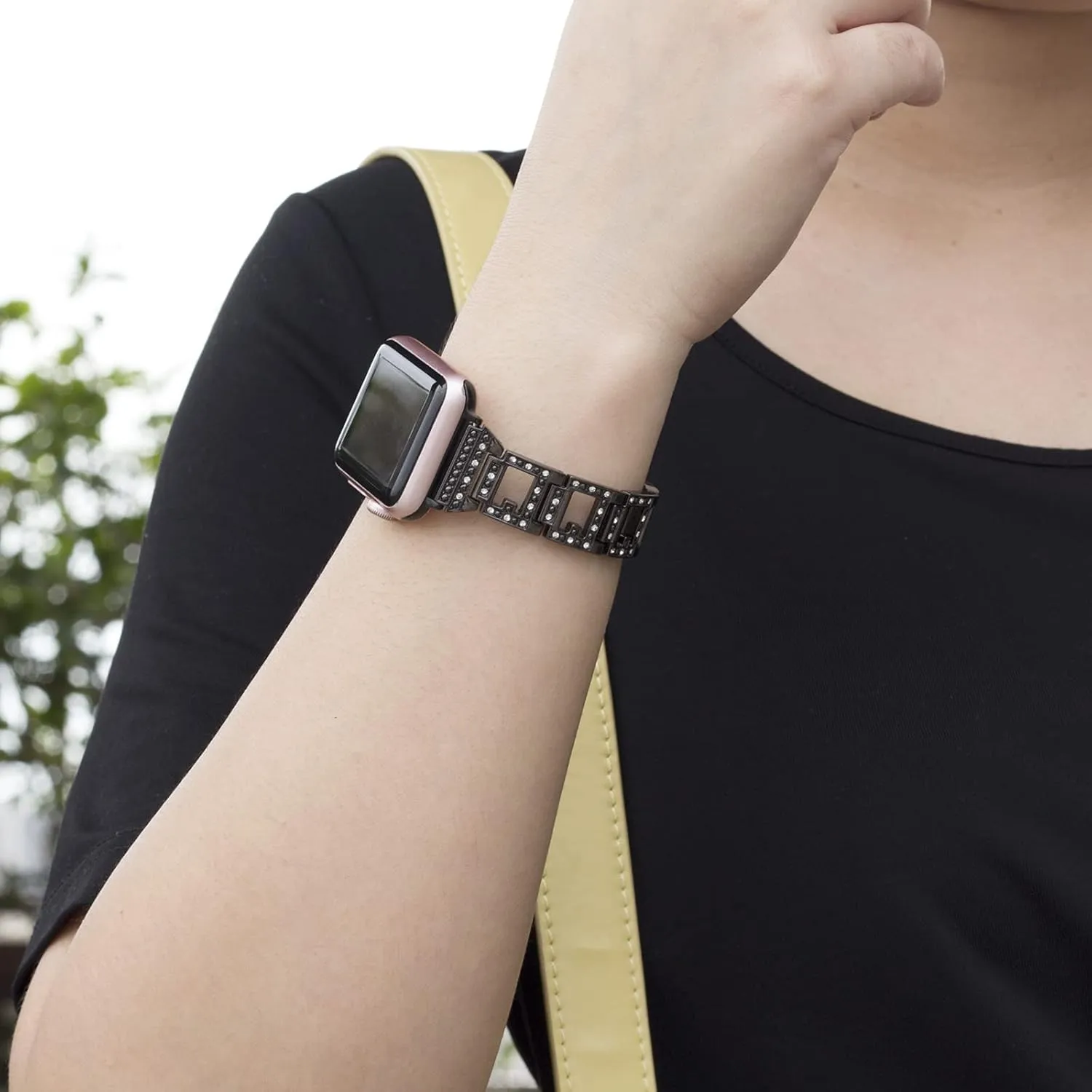 Bling Bands Compatible with Apple Watch 42mm iWatch Series 10, 41mm Series 9/8/7, 40mm Series SE/6/5/4, 38mm Series 3/2/1, Women Replacement Metal Bracelet Breathable Wristbands for Ladies, Black