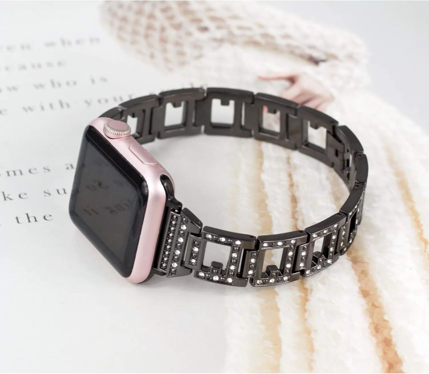 Bling Bands Compatible with Apple Watch 42mm iWatch Series 10, 41mm Series 9/8/7, 40mm Series SE/6/5/4, 38mm Series 3/2/1, Women Replacement Metal Bracelet Breathable Wristbands for Ladies, Black