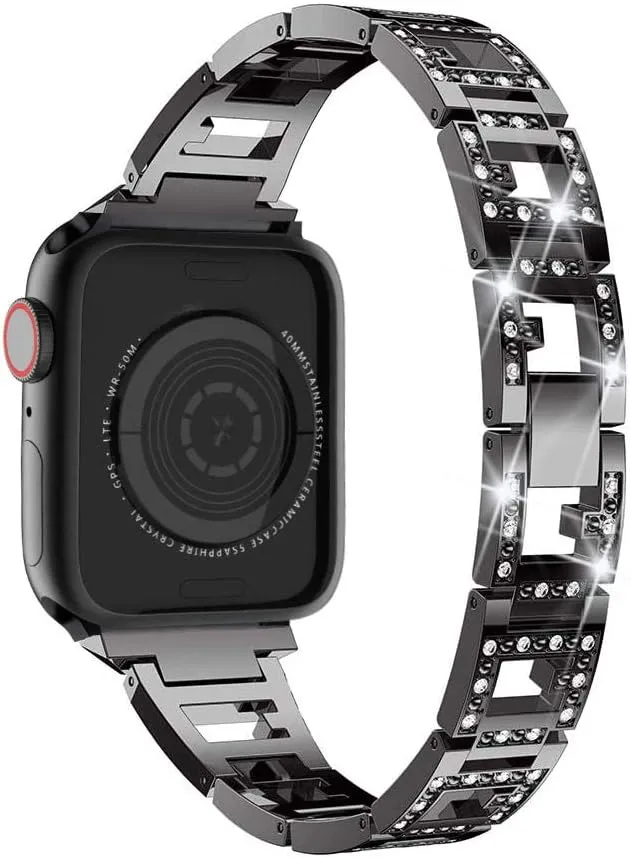 Bling Bands Compatible with Apple Watch 42mm iWatch Series 10, 41mm Series 9/8/7, 40mm Series SE/6/5/4, 38mm Series 3/2/1, Women Replacement Metal Bracelet Breathable Wristbands for Ladies, Black