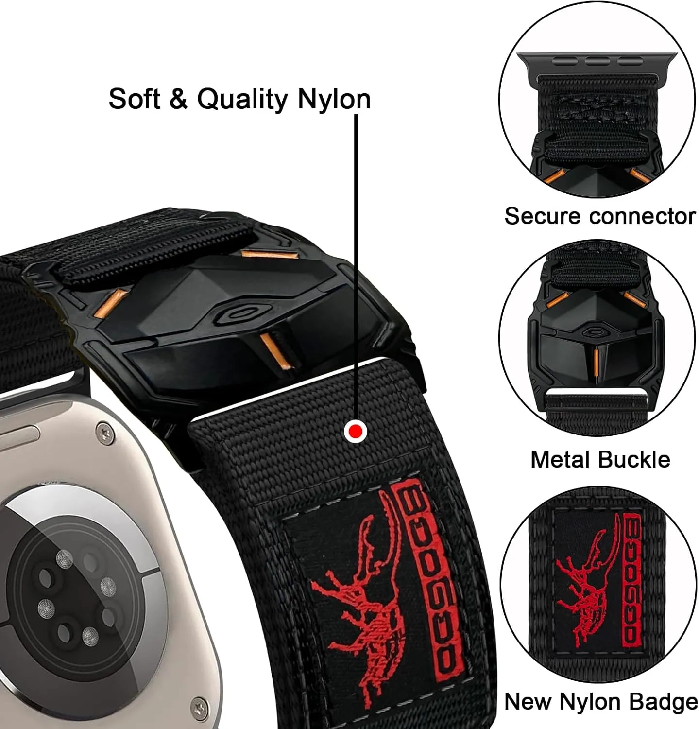 BooGoo Sport Band Breathable Wristband: Tactical Nylon Replacement Strap for Apple Watch Band Series 10/9/8/7/6, SE, Ultra (46/44/45/49mm L, Black)