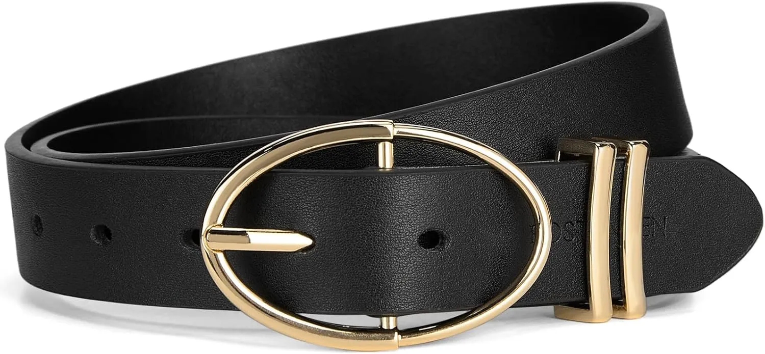 BOSTANTEN Women Belts For Jeans Dresses Pants Trendy Ladies Leather Waist Black Belt with Silver Oval Buckle