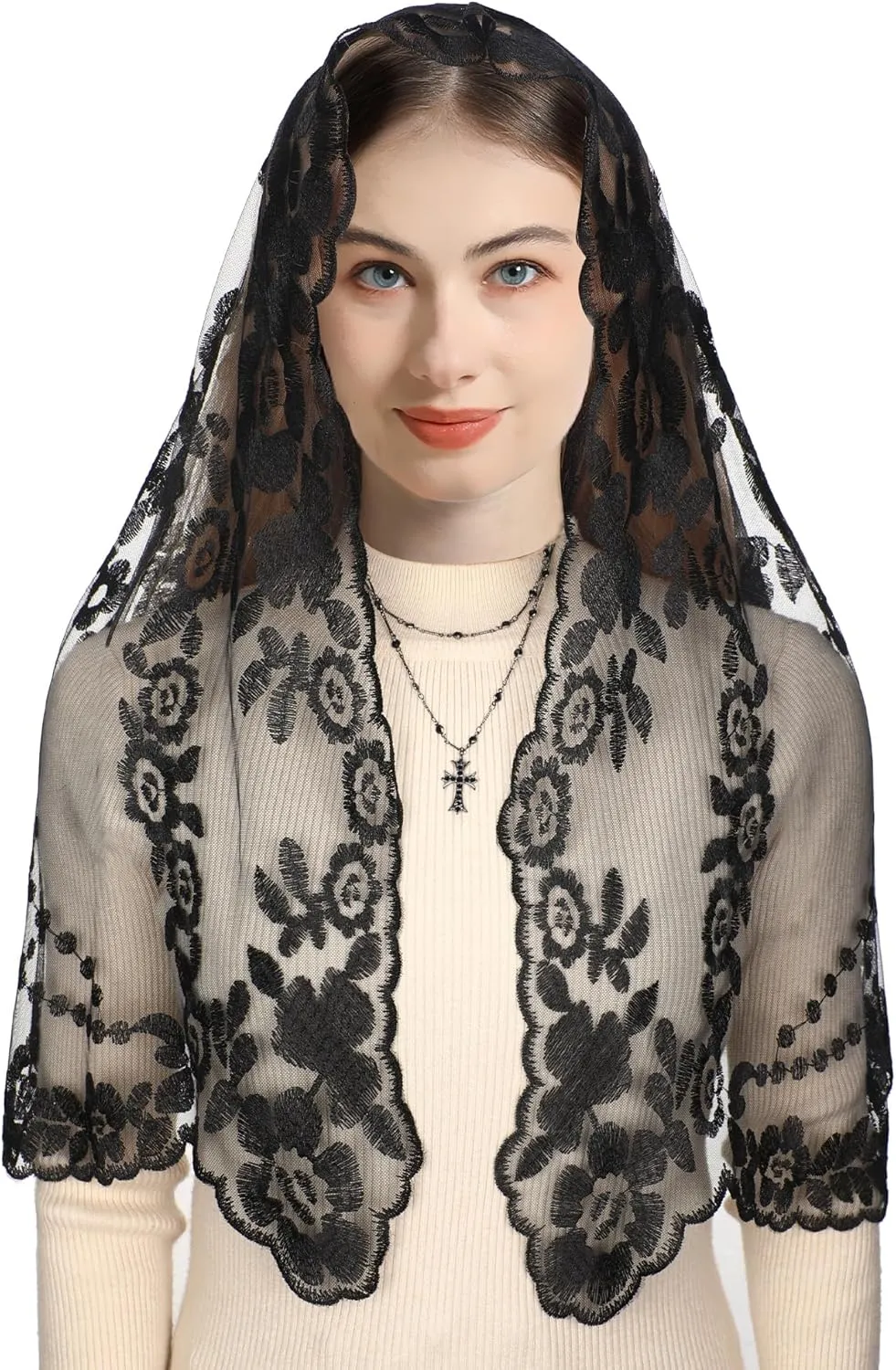 Bozidol Cross Religious Lace Veil- Catholic Embroidered Cross and Shell Creative Design Religious Ladies Prayer Lace Veil