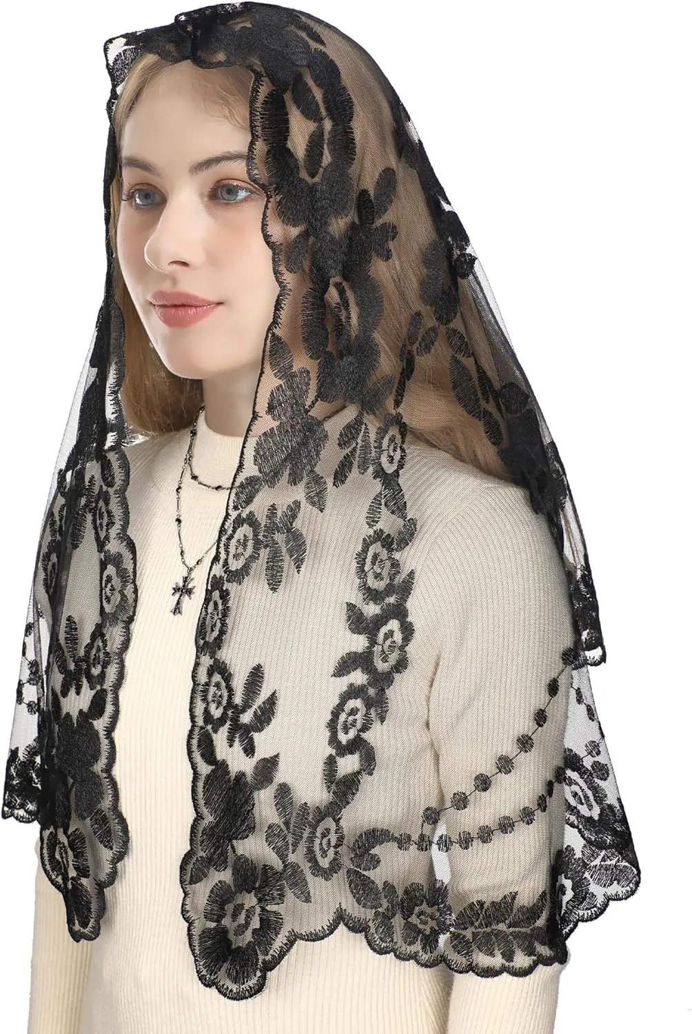 Bozidol Cross Religious Lace Veil- Catholic Embroidered Cross and Shell Creative Design Religious Ladies Prayer Lace Veil