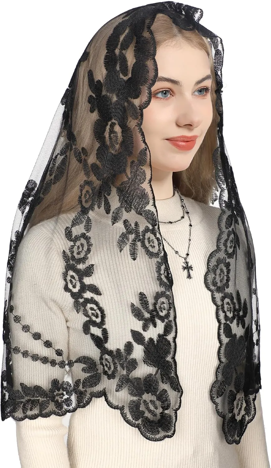Bozidol Cross Religious Lace Veil- Catholic Embroidered Cross and Shell Creative Design Religious Ladies Prayer Lace Veil