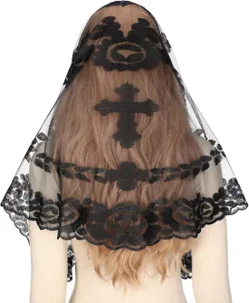 Bozidol Cross Religious Lace Veil- Catholic Embroidered Cross and Shell Creative Design Religious Ladies Prayer Lace Veil
