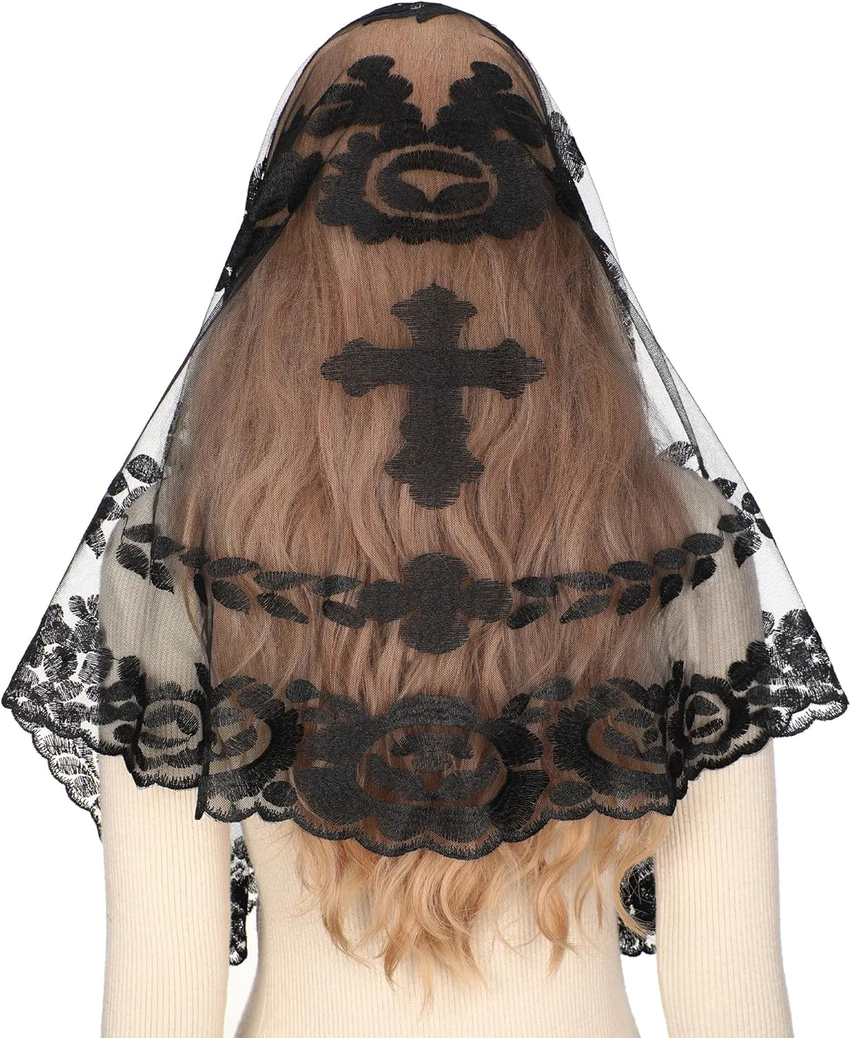Bozidol Cross Religious Lace Veil- Catholic Embroidered Cross and Shell Creative Design Religious Ladies Prayer Lace Veil