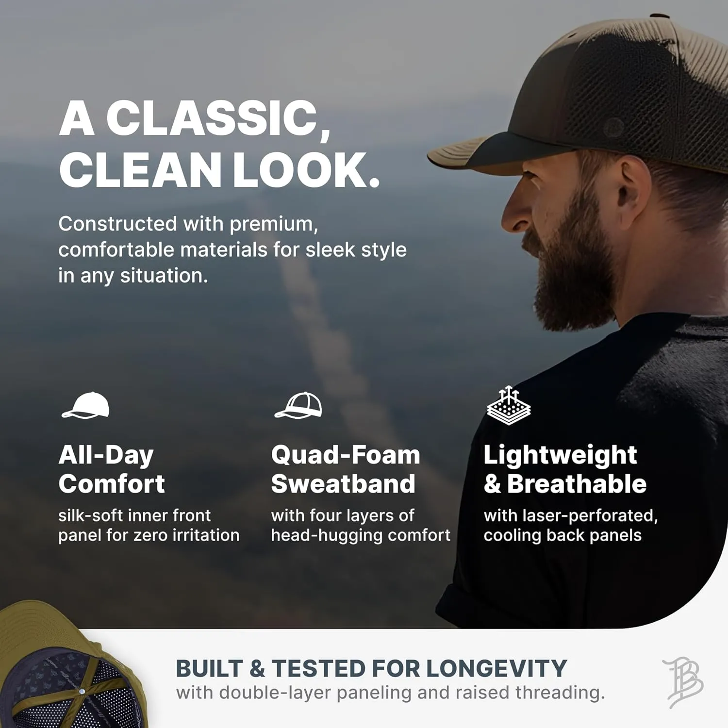 Branded Bills Bare Elite Hat, Performance Paneling, Adjustable Snapback, Silk-Soft Front Lining, Water-Repellent Shell