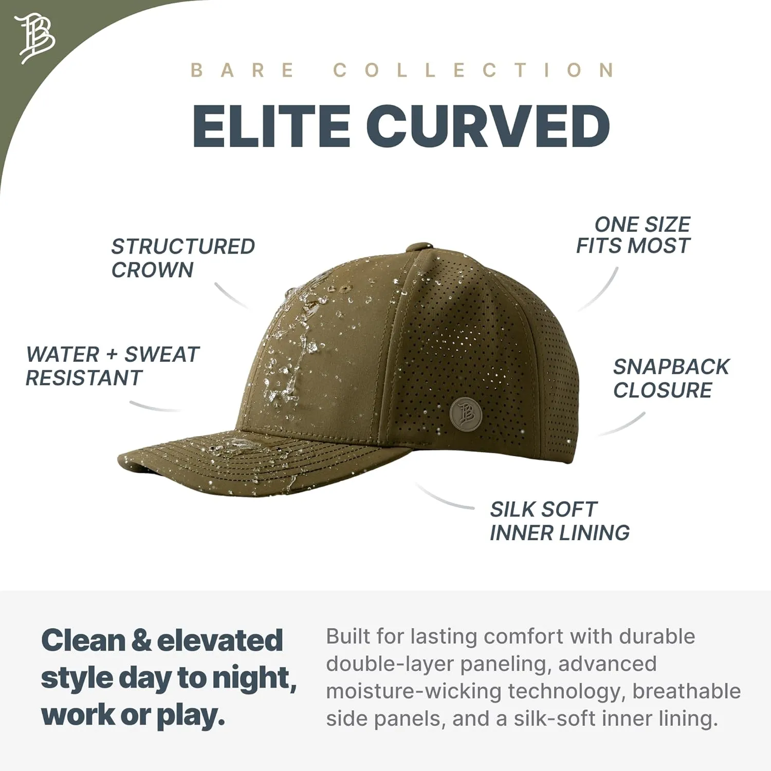 Branded Bills Bare Elite Hat, Performance Paneling, Adjustable Snapback, Silk-Soft Front Lining, Water-Repellent Shell