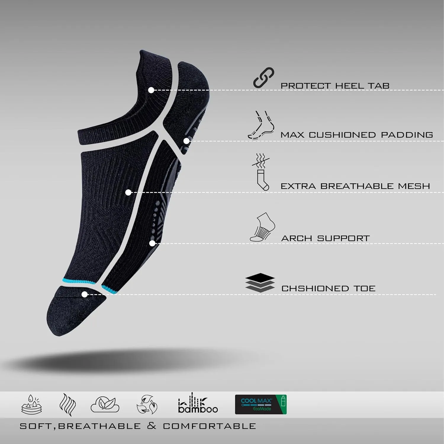 BRISIRA Bamboo Viscose Non Slip Pilates Socks Men Women No Show Grip Compression Thick Cushion Yoga Barre Grippy Ankle