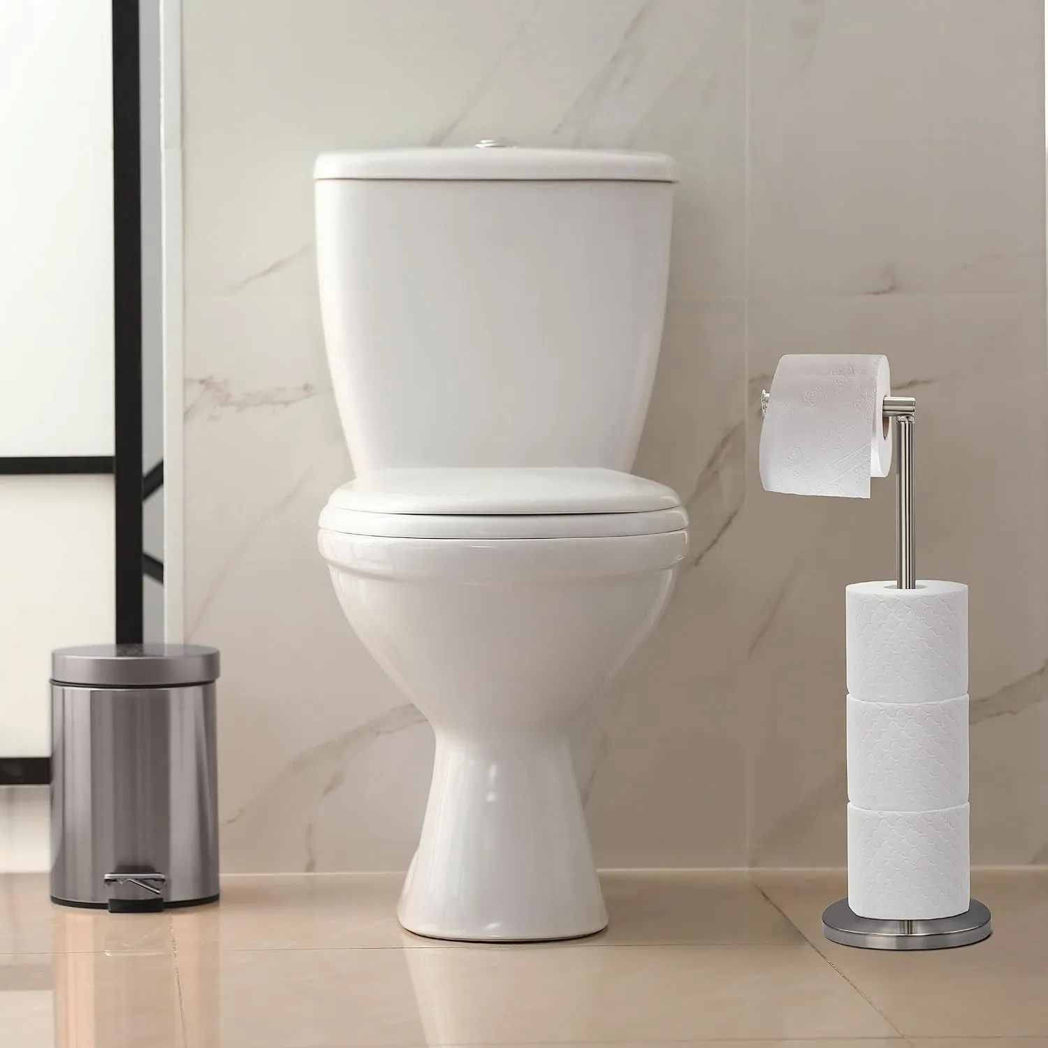 BROOKSTONE, Minimalist Chrome Toilet Paper Holder with Dispenser, Freestanding Bathroom Tissue Organizer, Minimal Storage Solution, Stylish Design, Holds 3-4 Extra Large Rolls