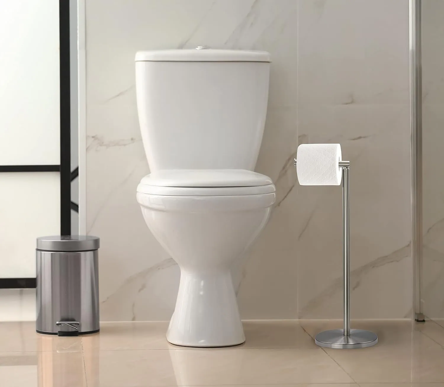 BROOKSTONE, Minimalist Chrome Toilet Paper Holder with Dispenser, Freestanding Bathroom Tissue Organizer, Minimal Storage Solution, Stylish Design, Holds 3-4 Extra Large Rolls