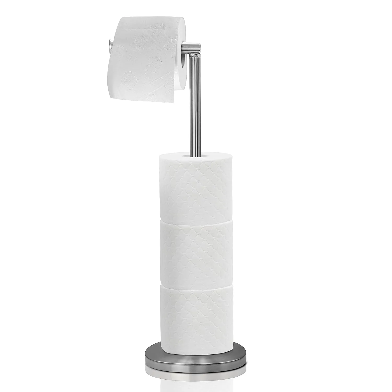 BROOKSTONE, Minimalist Chrome Toilet Paper Holder with Dispenser, Freestanding Bathroom Tissue Organizer, Minimal Storage Solution, Stylish Design, Holds 3-4 Extra Large Rolls