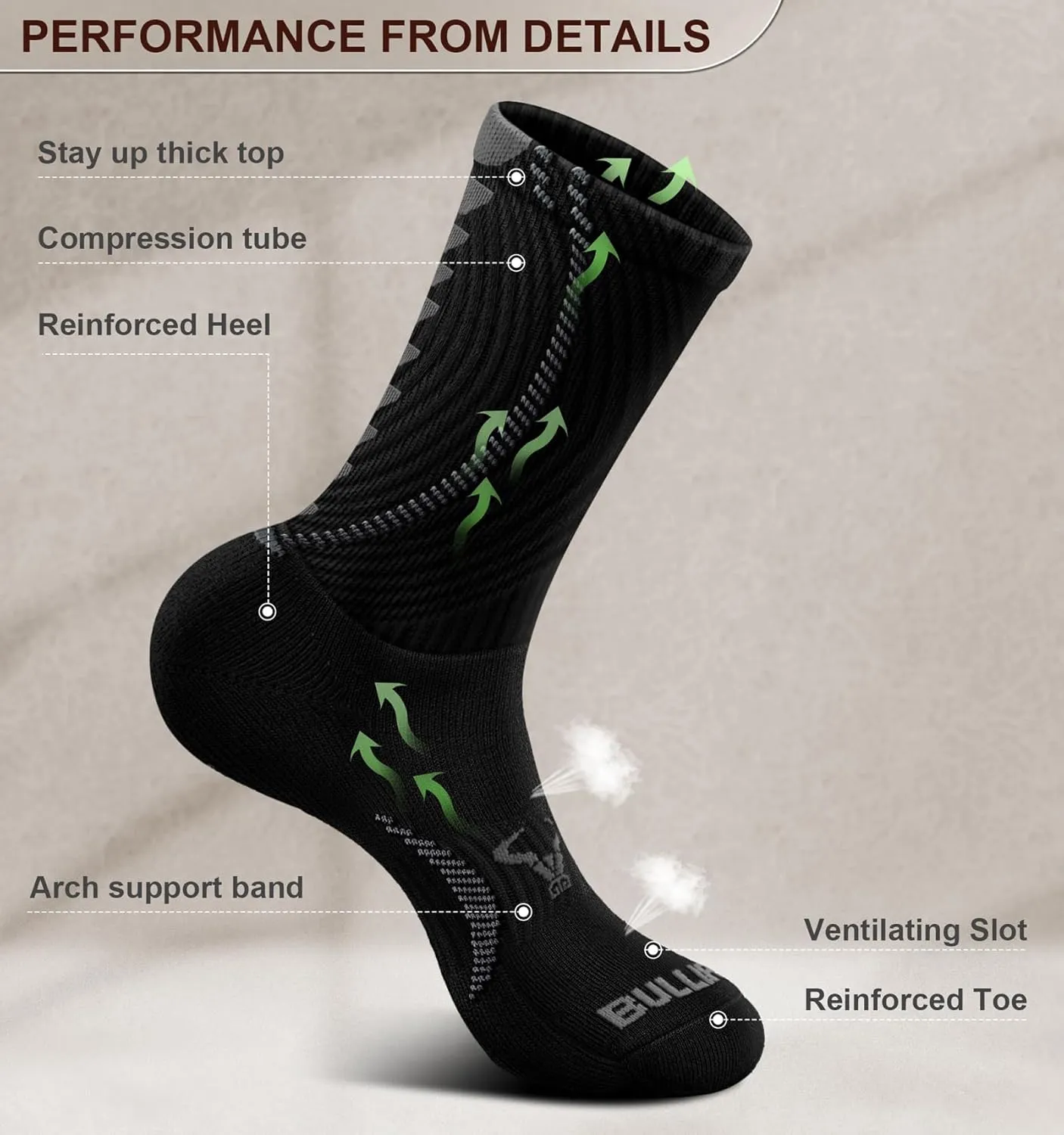 BULLIANT Men Socks, Athletic Compression Crew Socks Cushioned for Men Running Sports Hiking Fishing Arch Support