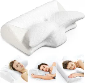 Cervical Neck Pillow for Pain Relief, Adjustable Ergonomic Memory Foam Pillow for Neck and Shoulder Pain, Orthopedic Contour Support Pillows for Side Back & Stomach Sleepers, White
