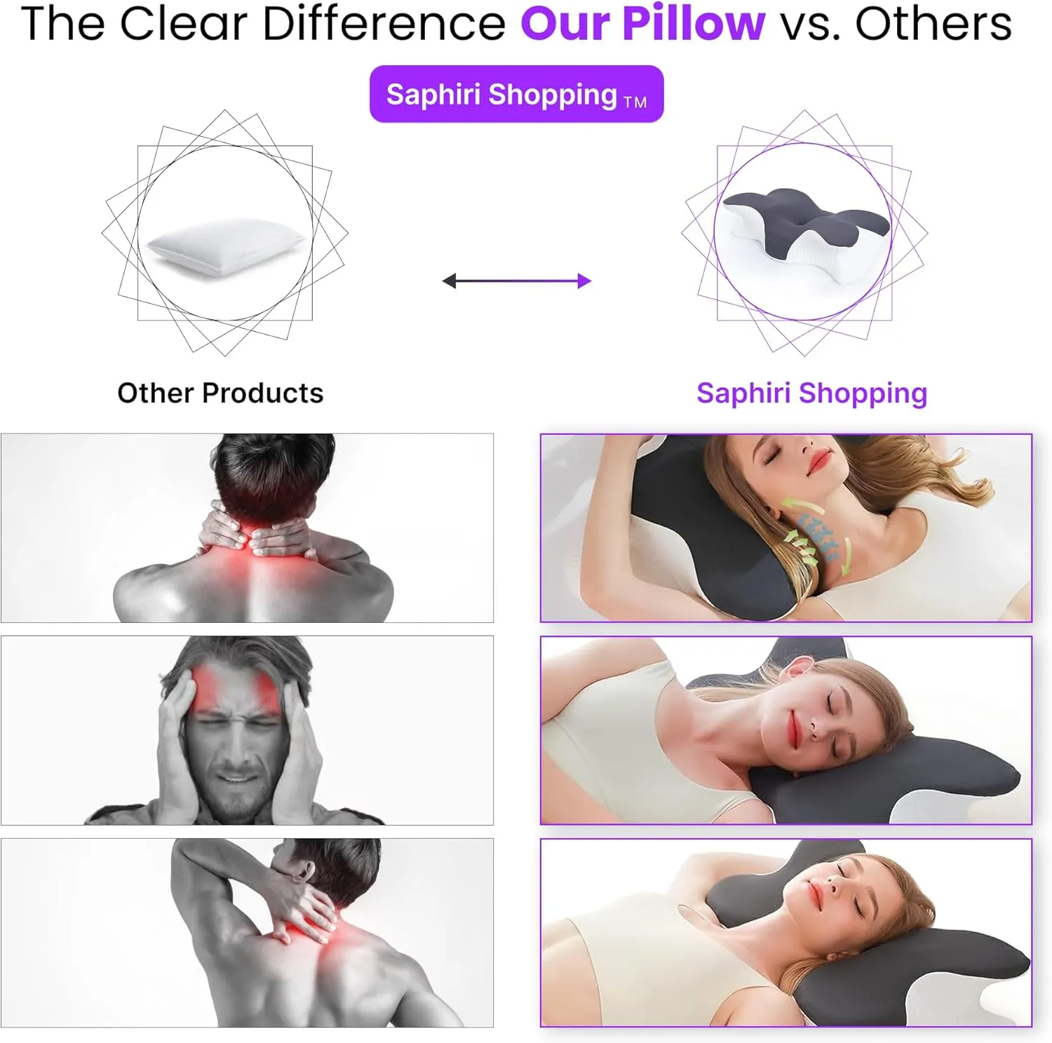 Cervical Neck Support Pillow for Cozy Sleeping Ergonomic Memory Foam Pillows Orthopedic Contour Shoulder Pain Relief Pillows Side Back Stomach Sleeper Bed Pillowcases (Grey, 61.5 * 34 * 13cm)