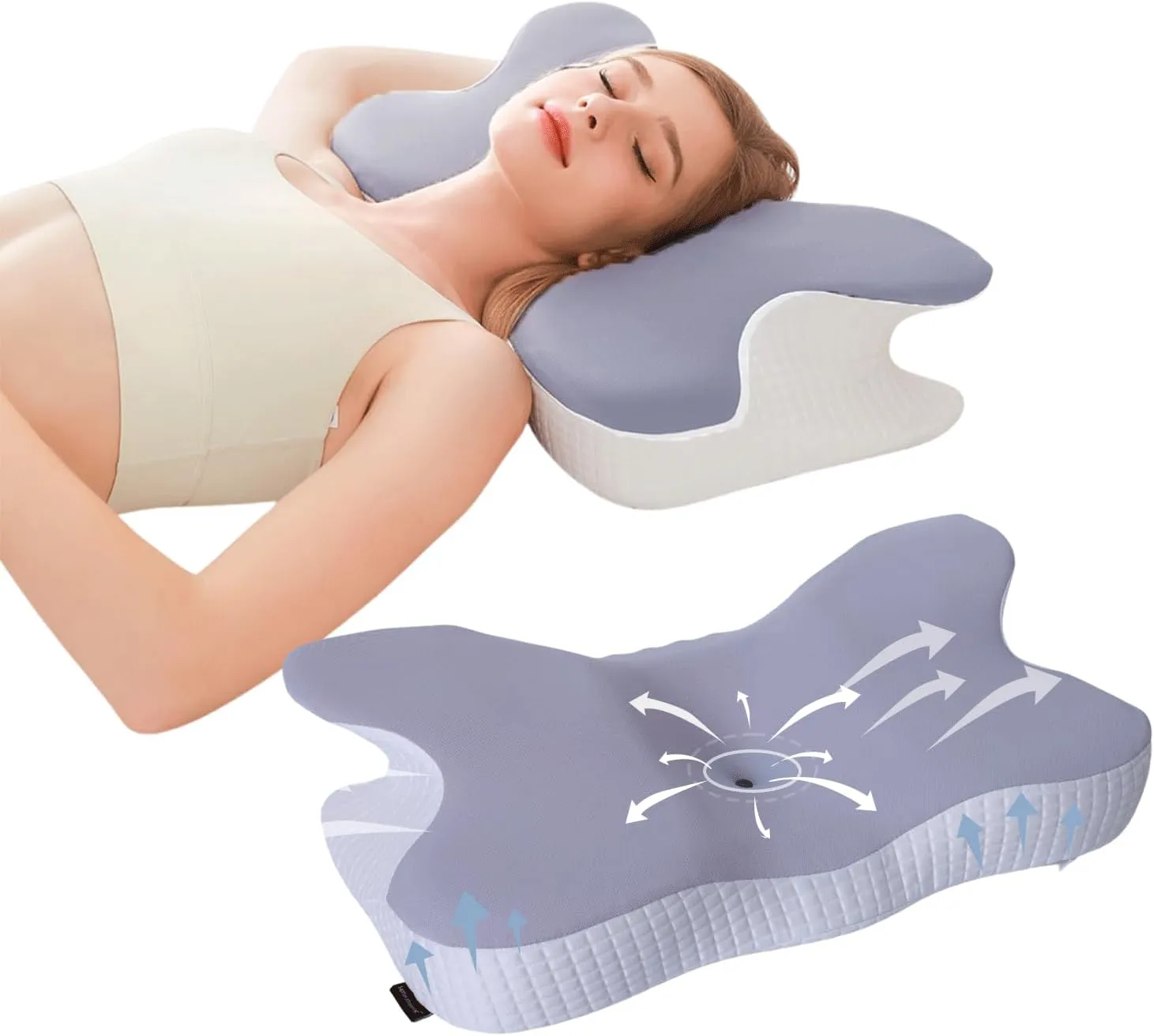 Cervical Neck Support Pillow for Cozy Sleeping Ergonomic Memory Foam Pillows Orthopedic Contour Shoulder Pain Relief Pillows Side Back Stomach Sleeper Bed Pillowcases (Light Grey, 61.5 * 34 * 13cm)
