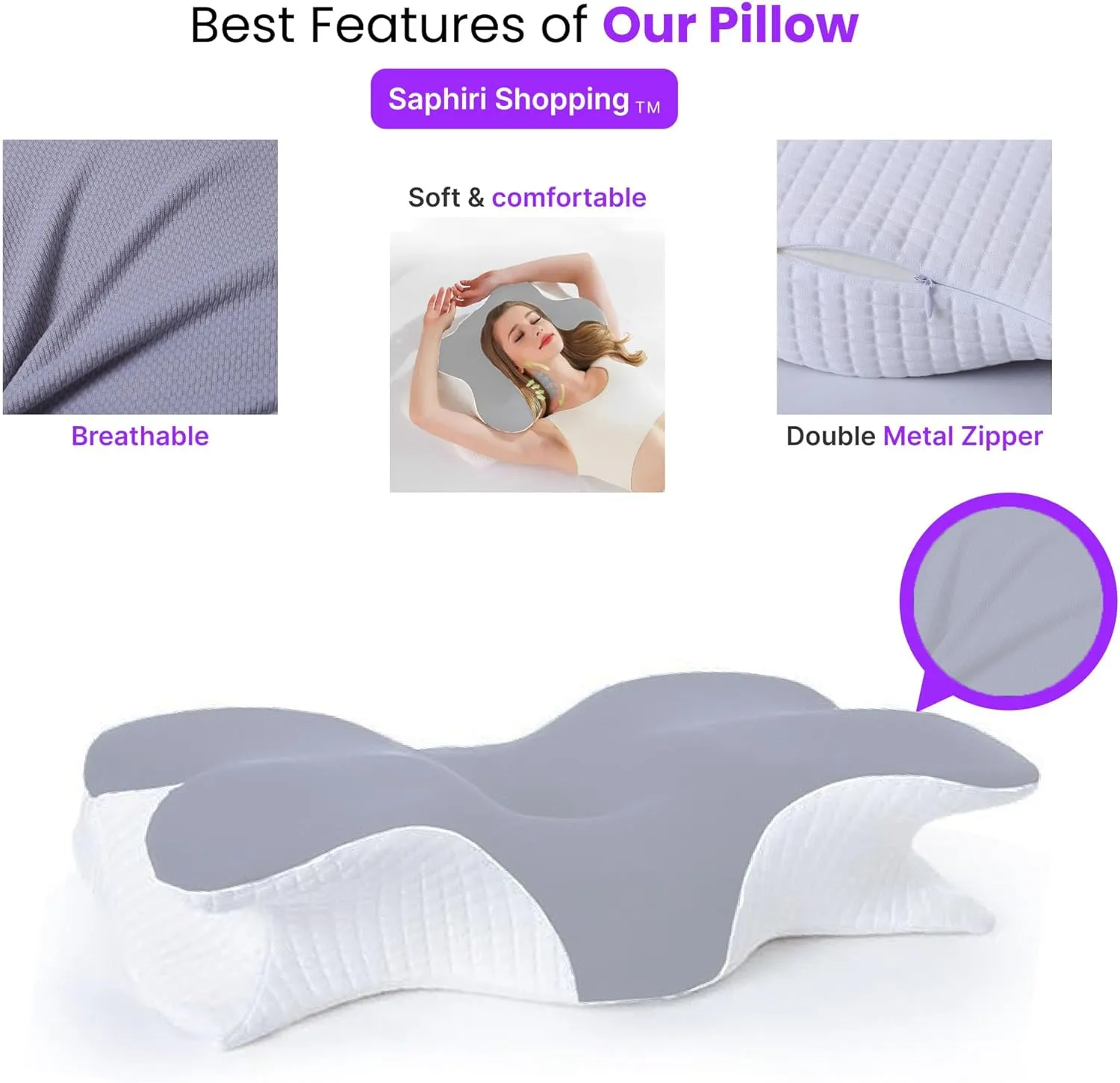 Cervical Neck Support Pillow for Cozy Sleeping Ergonomic Memory Foam Pillows Orthopedic Contour Shoulder Pain Relief Pillows Side Back Stomach Sleeper Bed Pillowcases (Light Grey, 61.5 * 34 * 13cm)