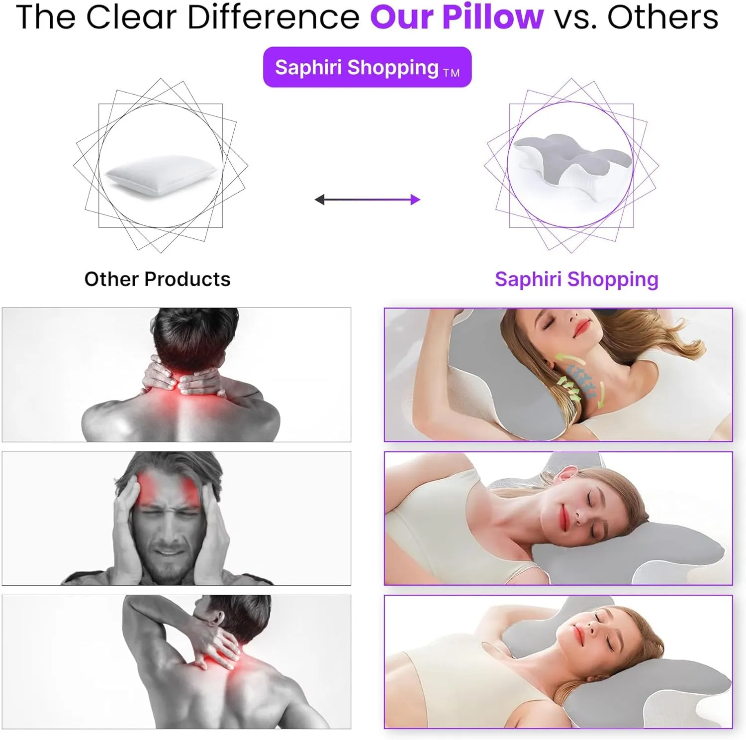 Cervical Neck Support Pillow for Cozy Sleeping Ergonomic Memory Foam Pillows Orthopedic Contour Shoulder Pain Relief Pillows Side Back Stomach Sleeper Bed Pillowcases (Light Grey, 61.5 * 34 * 13cm)