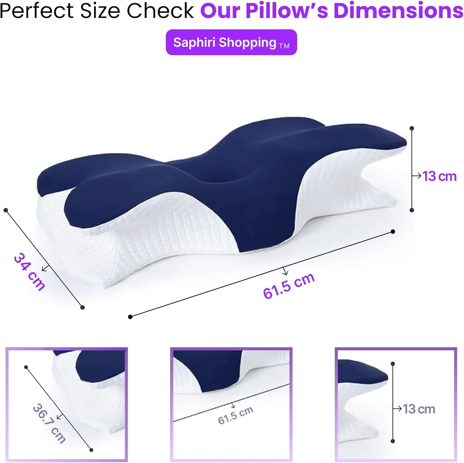 Cervical Neck Support Pillow for Cozy Sleeping Ergonomic Memory Foam Pillows Orthopedic Contour Shoulder Pain Relief Pillows Side Back Stomach Sleeper Bed Pillowcases (Navy Blue, 61.5 * 34 * 13cm)