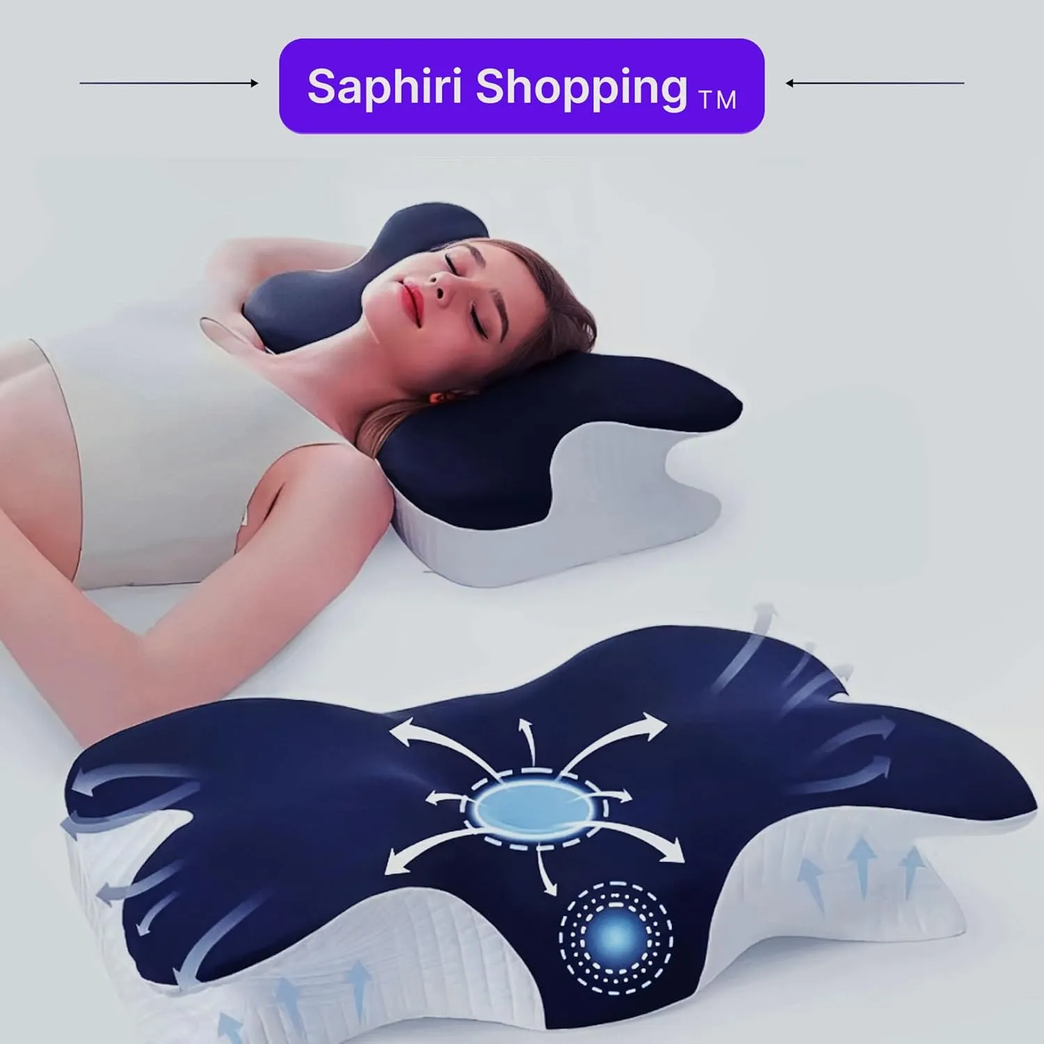 Cervical Neck Support Pillow for Cozy Sleeping Ergonomic Memory Foam Pillows Orthopedic Contour Shoulder Pain Relief Pillows Side Back Stomach Sleeper Bed Pillowcases (Navy Blue, 61.5 * 34 * 13cm)