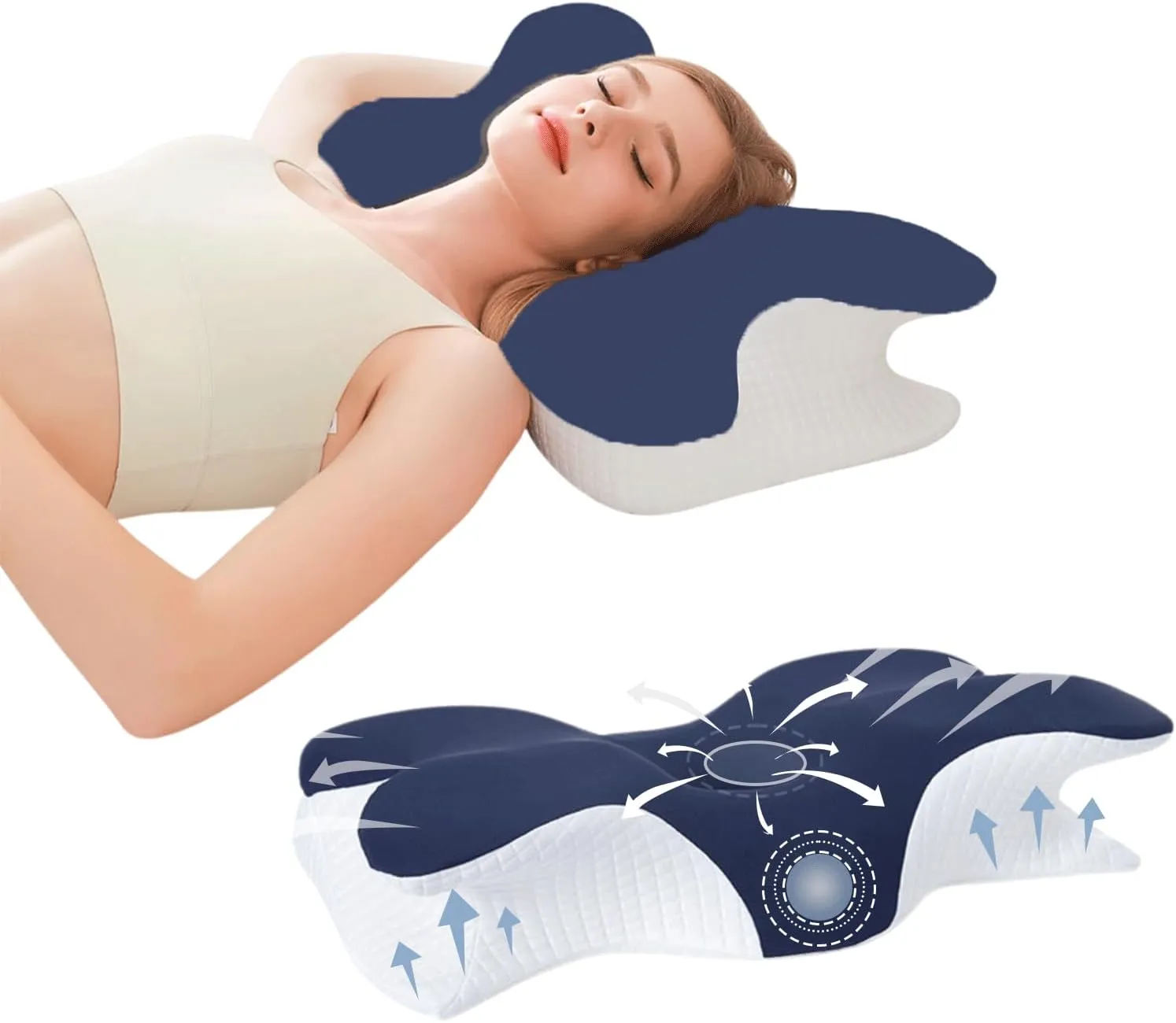 Cervical Neck Support Pillow for Cozy Sleeping Ergonomic Memory Foam Pillows Orthopedic Contour Shoulder Pain Relief Pillows Side Back Stomach Sleeper Bed Pillowcases (Navy Blue, 61.5 * 34 * 13cm)