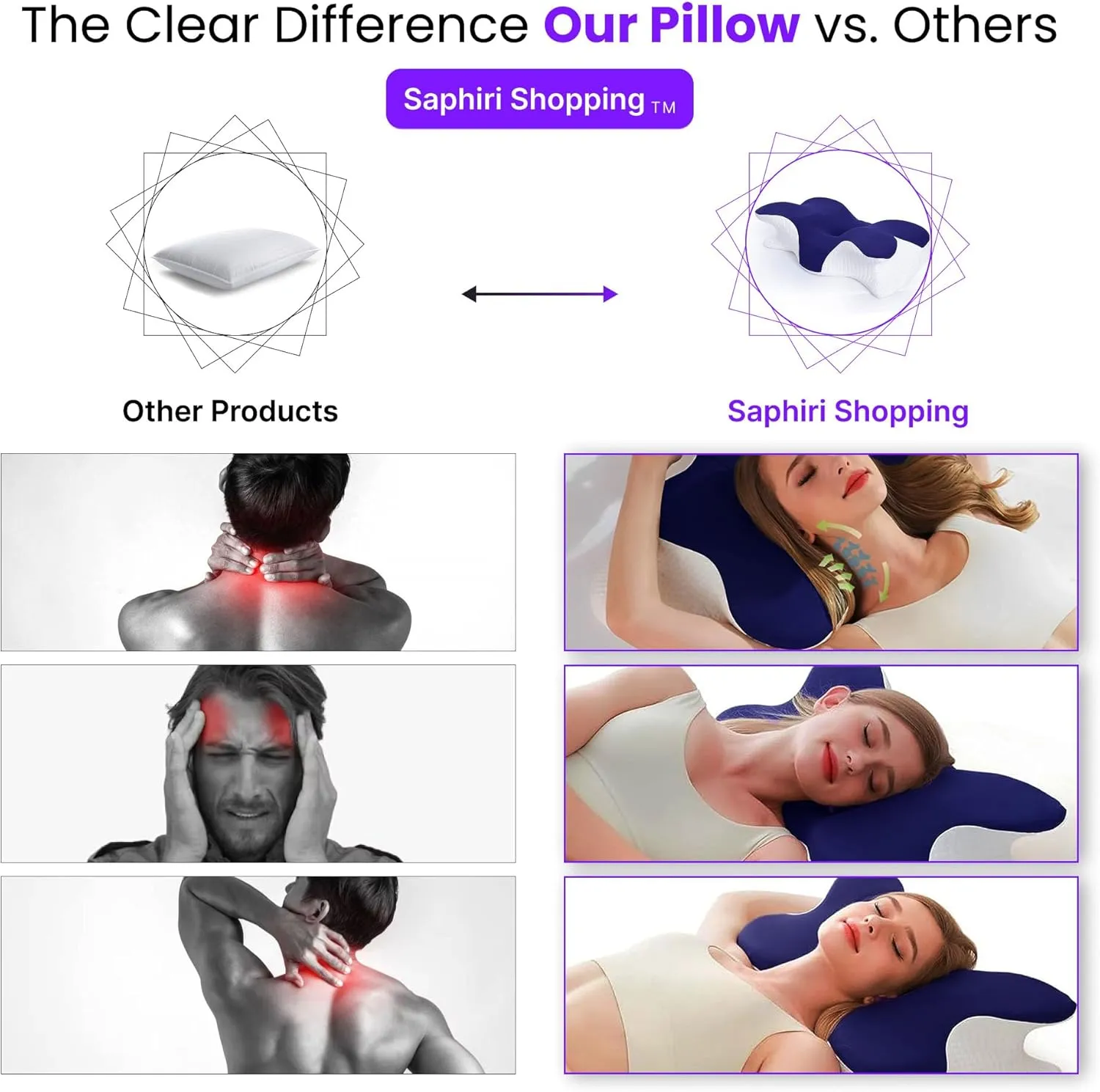 Cervical Neck Support Pillow for Cozy Sleeping Ergonomic Memory Foam Pillows Orthopedic Contour Shoulder Pain Relief Pillows Side Back Stomach Sleeper Bed Pillowcases (Navy Blue, 61.5 * 34 * 13cm)