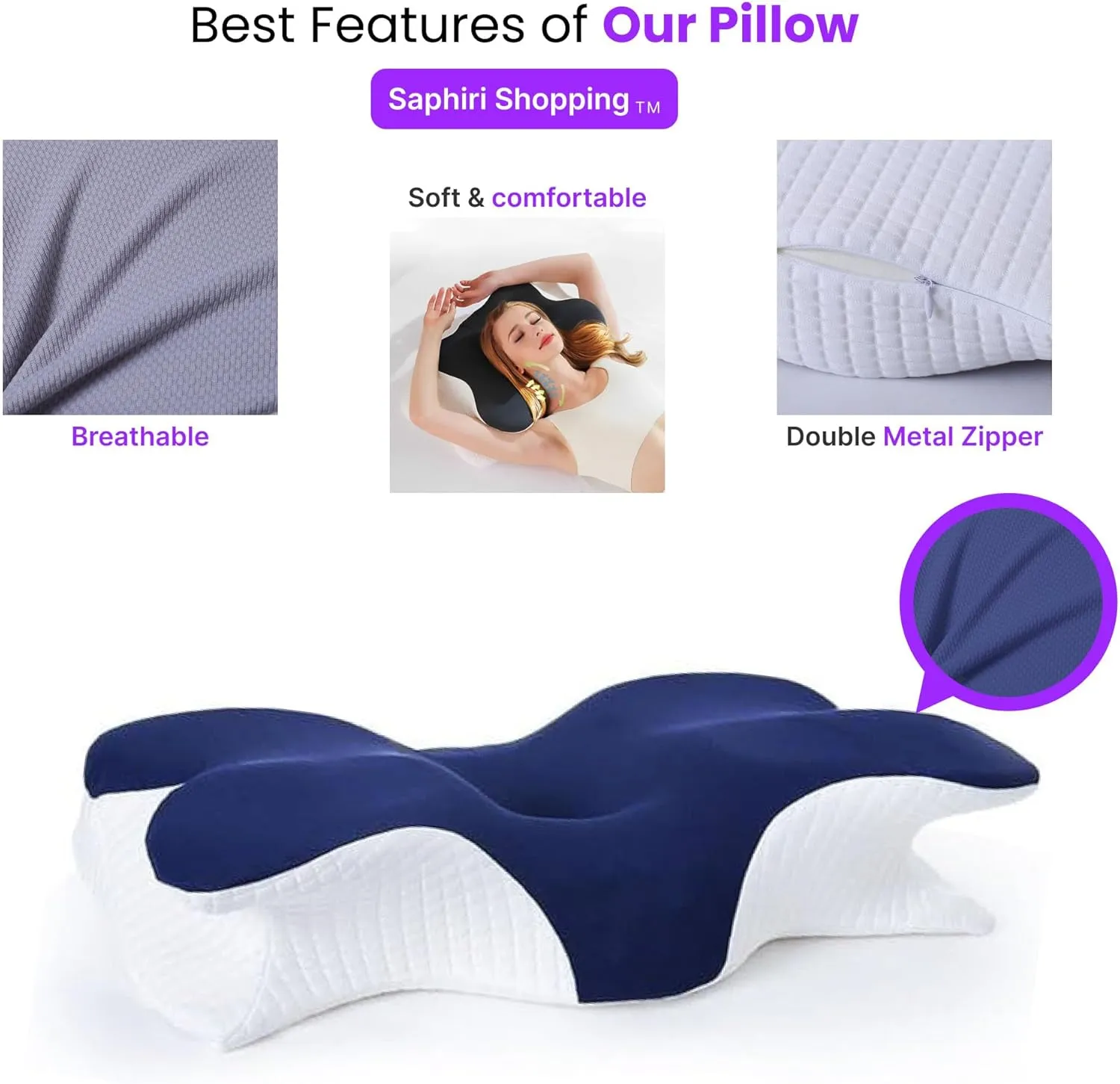 Cervical Neck Support Pillow for Cozy Sleeping Ergonomic Memory Foam Pillows Orthopedic Contour Shoulder Pain Relief Pillows Side Back Stomach Sleeper Bed Pillowcases (Navy Blue, 61.5 * 34 * 13cm)