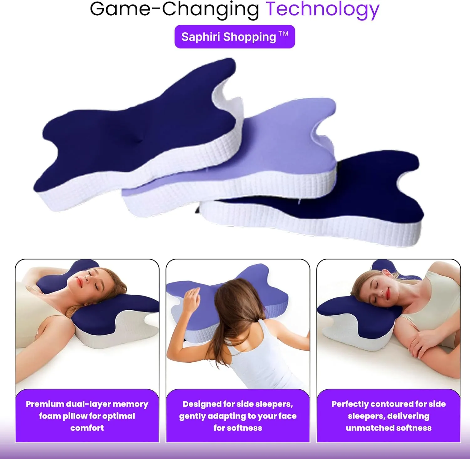 Cervical Neck Support Pillow for Cozy Sleeping Ergonomic Memory Foam Pillows Orthopedic Contour Shoulder Pain Relief Pillows Side Back Stomach Sleeper Bed Pillowcases (Navy Blue, 61.5 * 34 * 13cm)