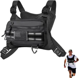 Chest Bag For Men, Water Resistant Sport Chest Pack - Lightweight Running Vest Bag with Built-In Phone Holder & Extra Storage, Minimalist Pack for Workouts and Cycling (Black)