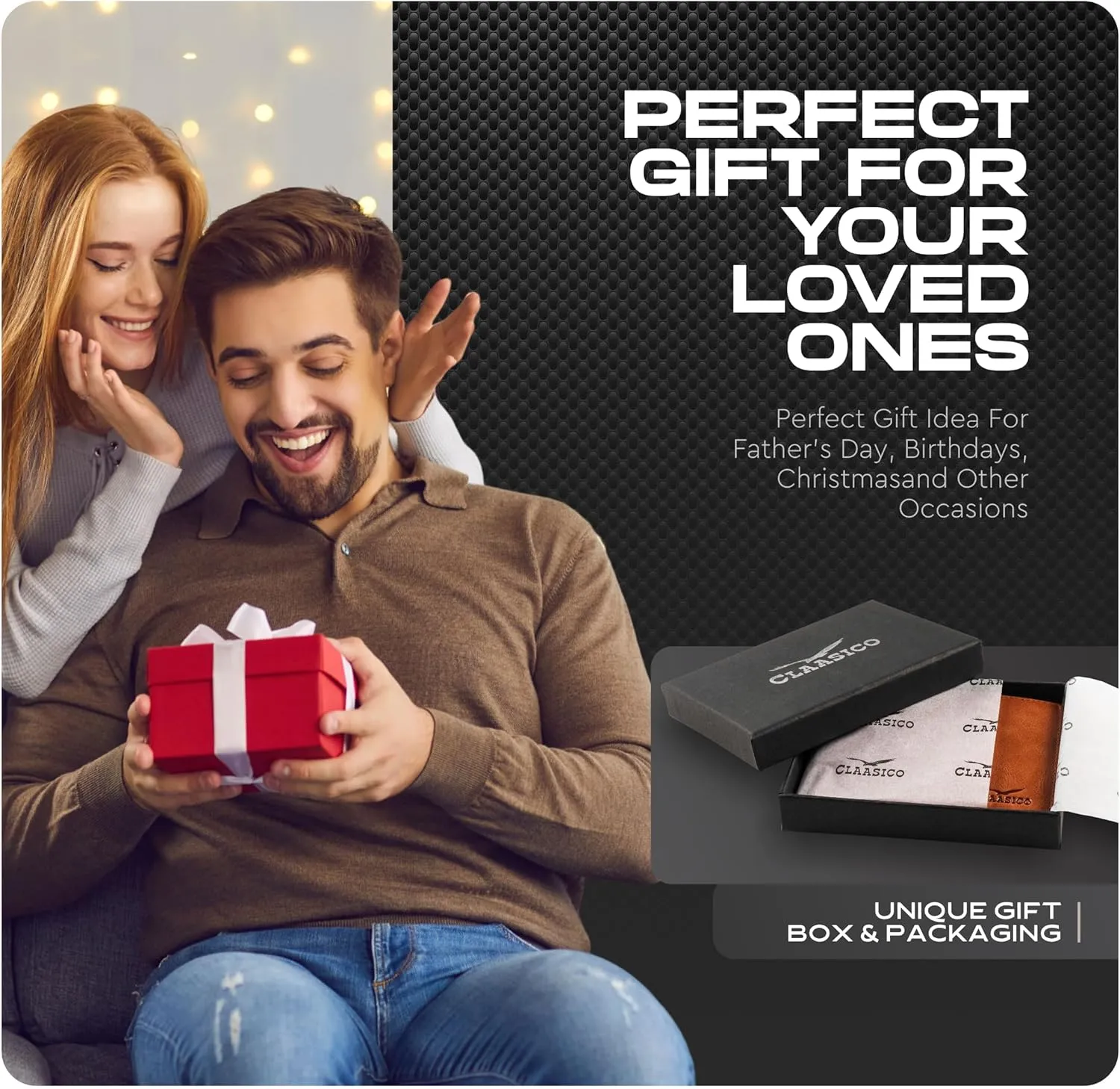 Claasico Mens Bifold Wallet for Men  Genuine Leather RFID Wallet, Slim Billfold Cardholder w/ID Window  Gift Box Included