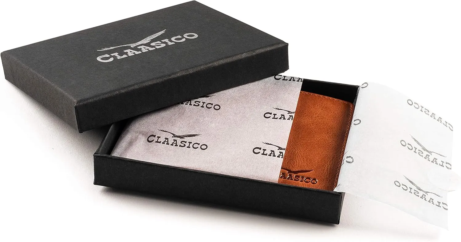 Claasico Mens Bifold Wallet for Men  Genuine Leather RFID Wallet, Slim Billfold Cardholder w/ID Window  Gift Box Included
