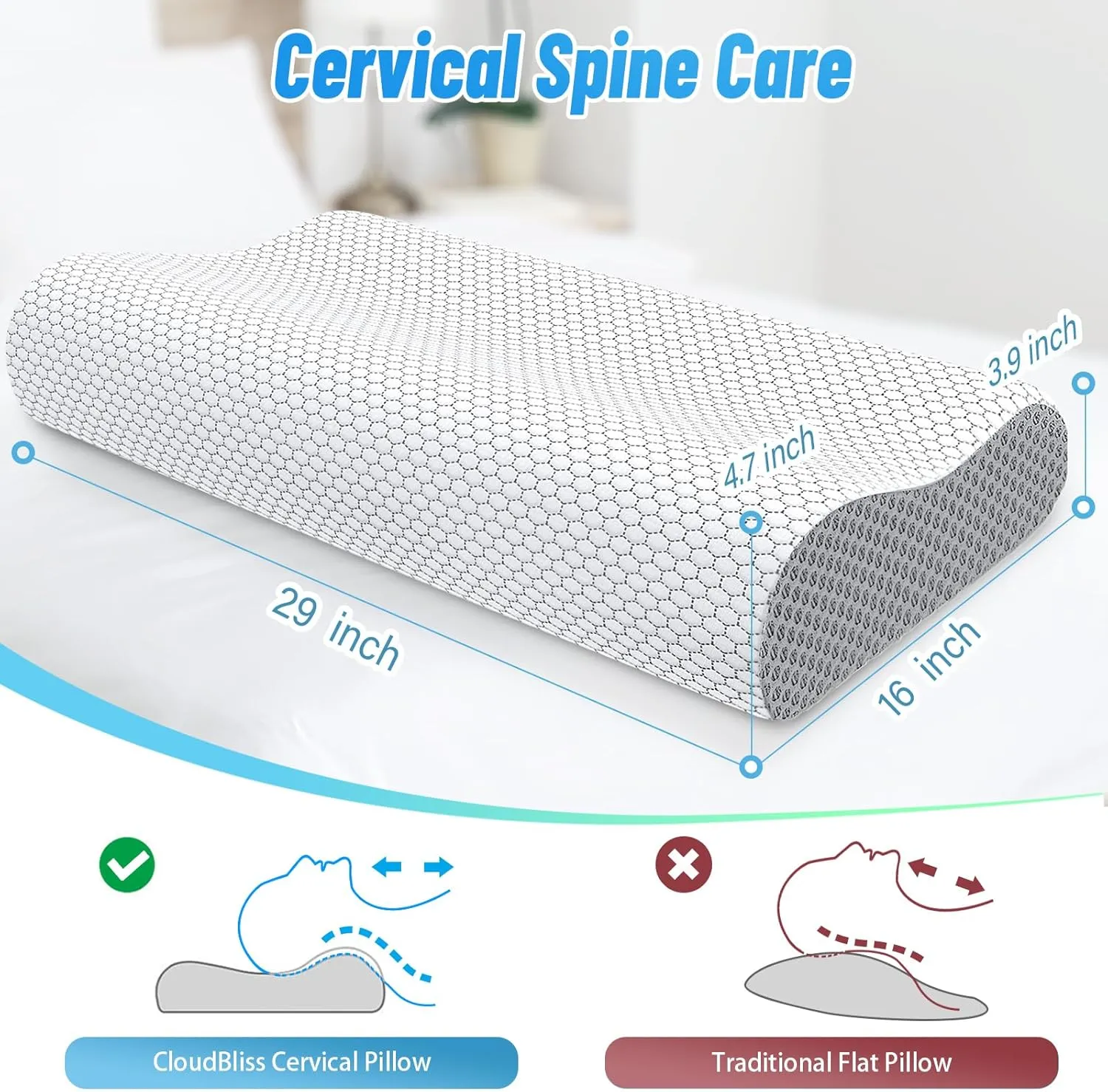 CloudBliss Memory Foam Pillow, Ergonomic Neck Contour Cervical Pillow for Neck and Shoulder Pain, Orthopedic Pillow for Neck Pain Relief, for Sleeping Side, Back, Stomach Sleepers - Grey, Queen