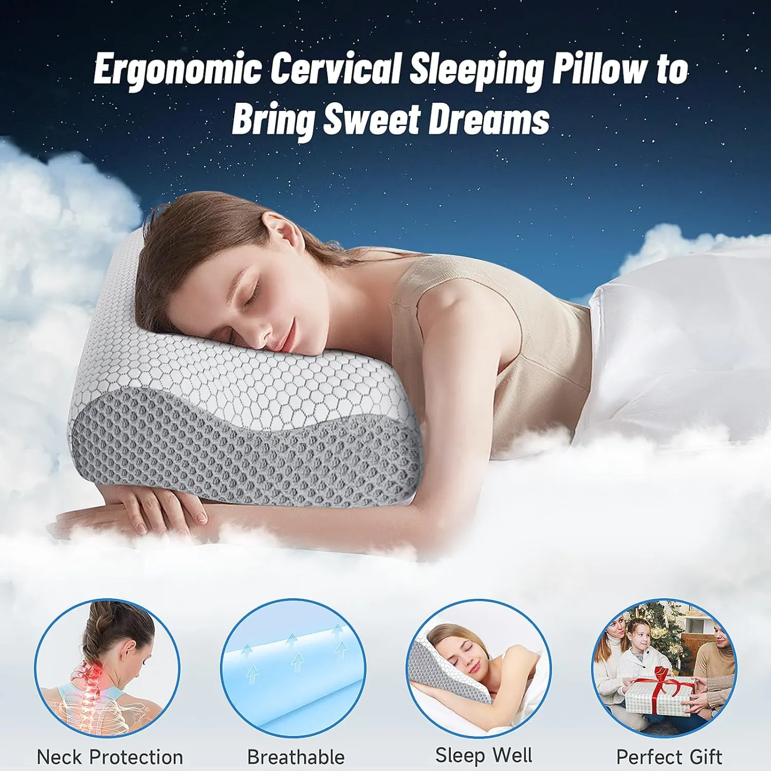 CloudBliss Memory Foam Pillow, Ergonomic Neck Contour Cervical Pillow for Neck and Shoulder Pain, Orthopedic Pillow for Neck Pain Relief, for Sleeping Side, Back, Stomach Sleepers - Grey, Queen
