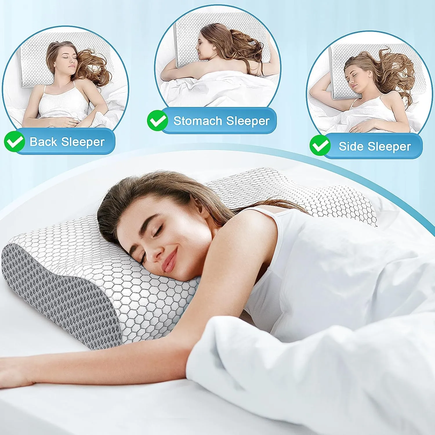 CloudBliss Memory Foam Pillow, Ergonomic Neck Contour Cervical Pillow for Neck and Shoulder Pain, Orthopedic Pillow for Neck Pain Relief, for Sleeping Side, Back, Stomach Sleepers - Grey, Queen
