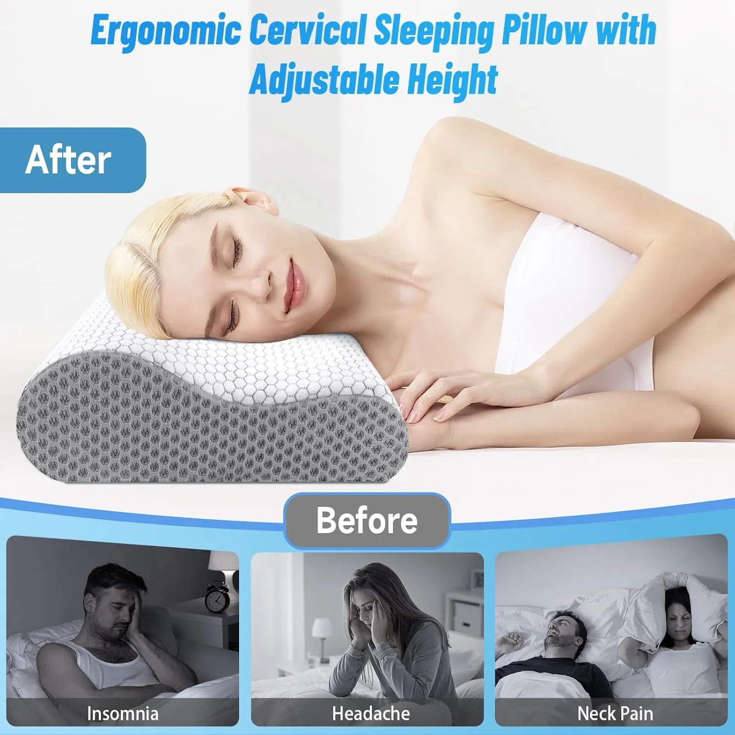CloudBliss Memory Foam Pillow, Ergonomic Neck Contour Cervical Pillow for Neck and Shoulder Pain, Orthopedic Pillow for Neck Pain Relief, for Sleeping Side, Back, Stomach Sleepers - Grey, Queen