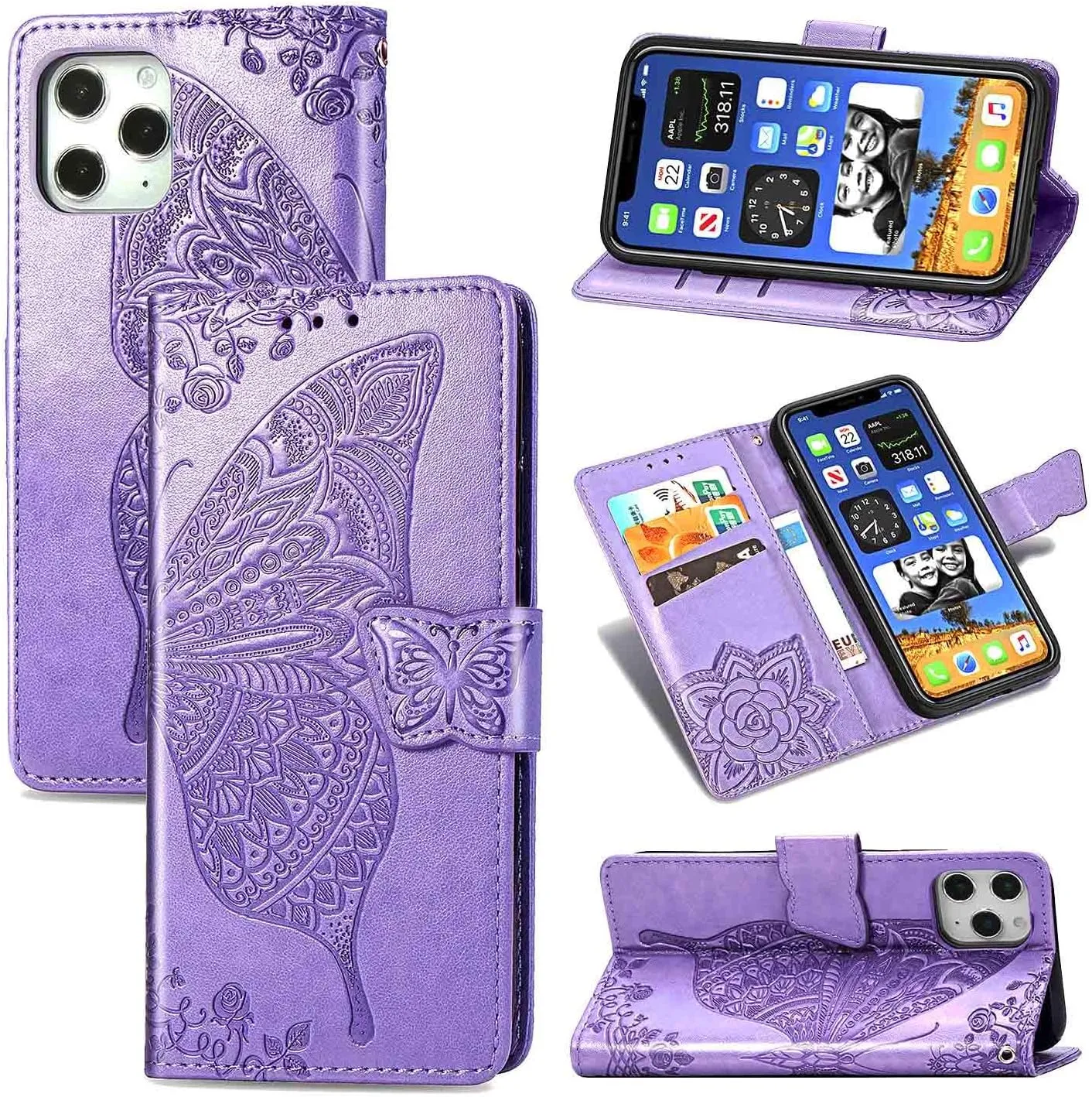 Compatible with iPhone 12 Mini Case 5.4 inch(2020),Wallet Case for Women and Girls,Premium Strap with Card Holder,3D Embossed Butterfly,Pu Leather Flip-Blue