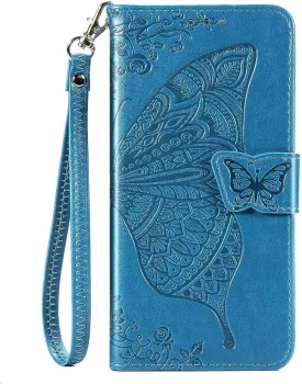 Compatible with iPhone 12 Mini Case 5.4 inch(2020),Wallet Case for Women and Girls,Premium Strap with Card Holder,3D Embossed Butterfly,Pu Leather Flip-Blue