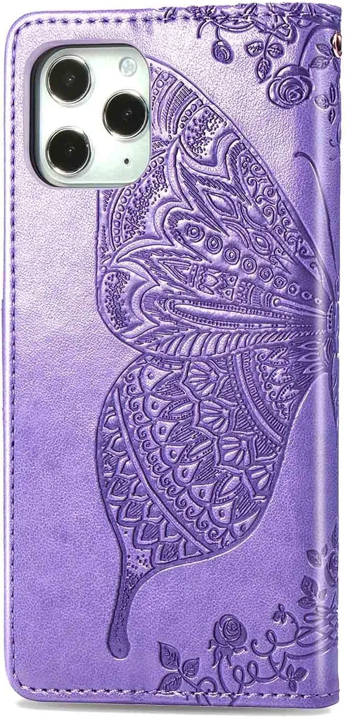 Compatible with iPhone 12 Mini Case 5.4 inch(2020),Wallet Case for Women and Girls,Premium Strap with Card Holder,3D Embossed Butterfly,Pu Leather Flip-Blue