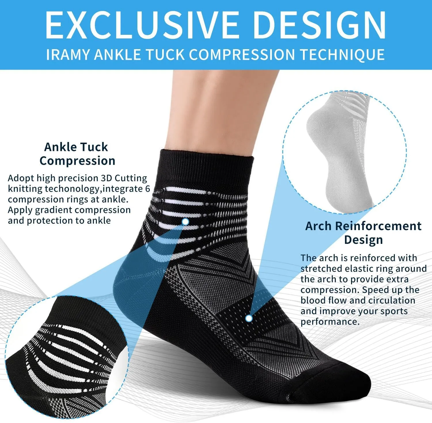 Compression Ankle Support Socks Coolmax Wicking Cushioned Athletic Plantar Fasciitis Relief Men Women 2/3/6 Pairs