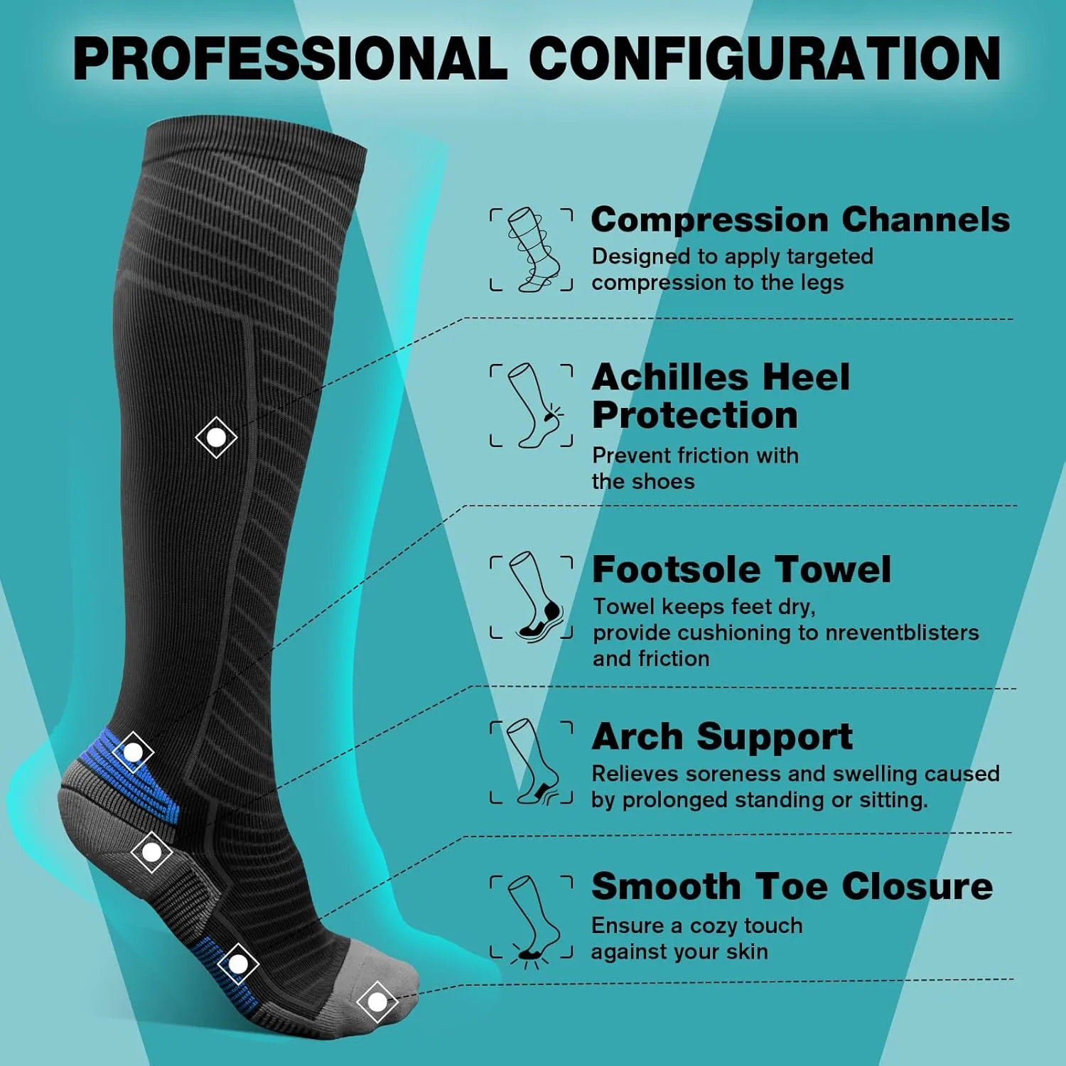 Compression Socks for Men & Women (2/4/6 Pairs) 20-30 mmHg Graduated Compression Knee High for Running, Athletic