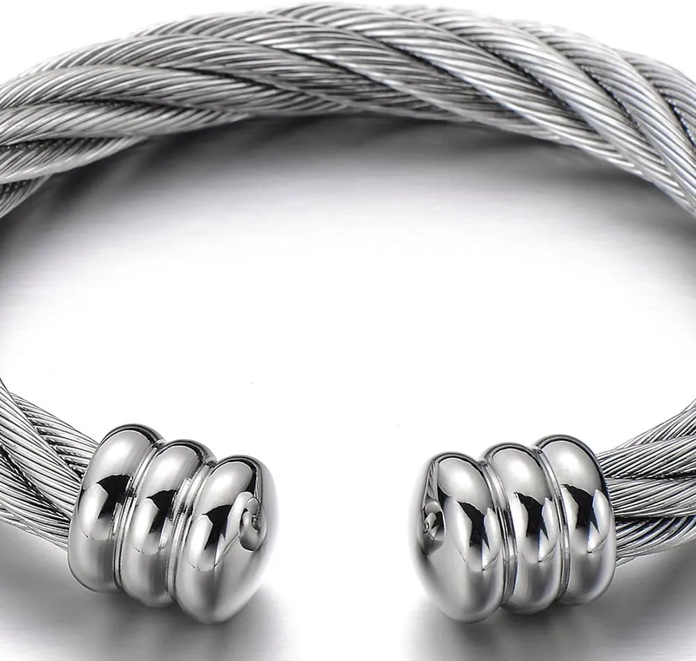 COOLSTEELANDBEYOND Large Elastic Adjustable Steel Twisted Wire Cuff Bangle Bracelet for Men Women