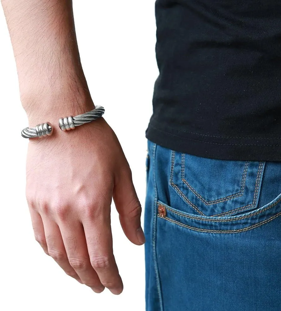 COOLSTEELANDBEYOND Large Elastic Adjustable Steel Twisted Wire Cuff Bangle Bracelet for Men Women
