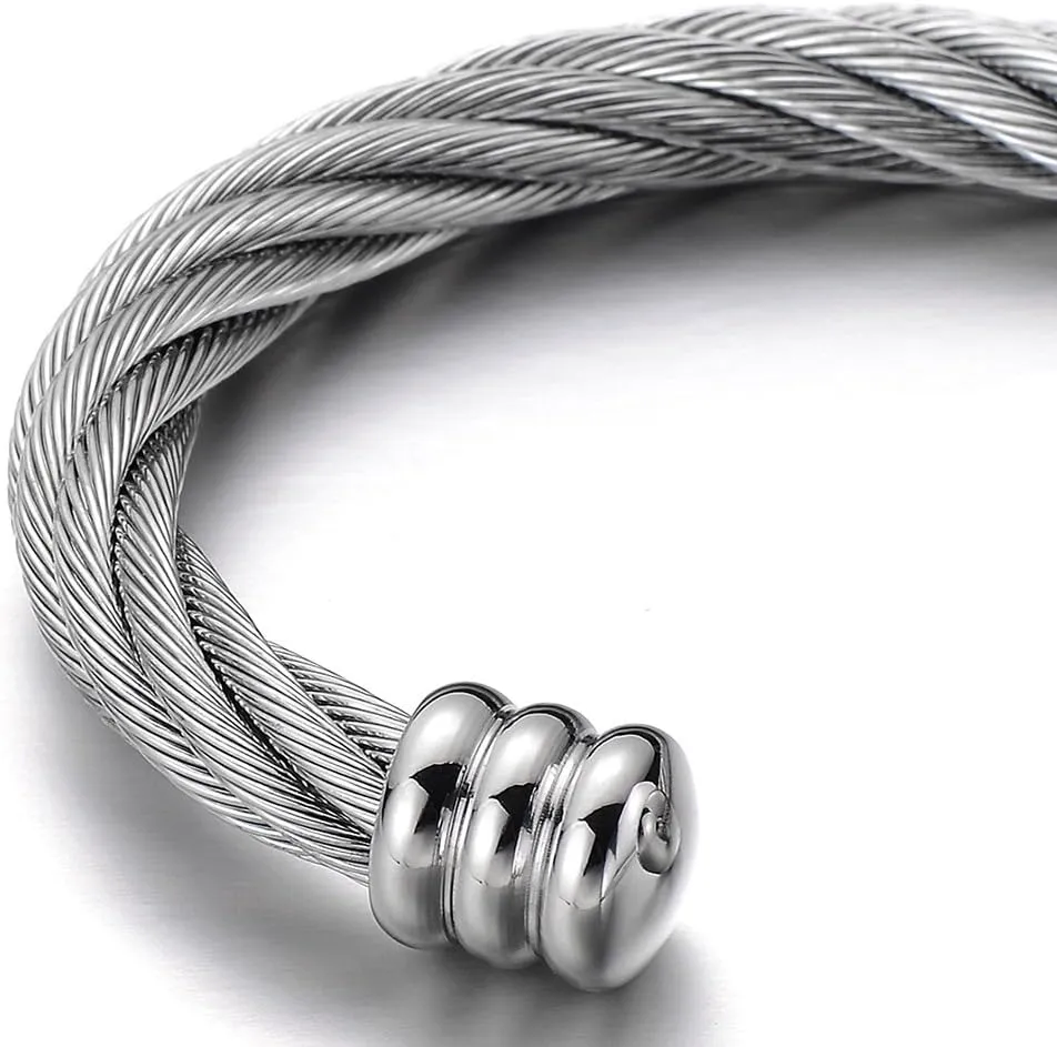 COOLSTEELANDBEYOND Large Elastic Adjustable Steel Twisted Wire Cuff Bangle Bracelet for Men Women