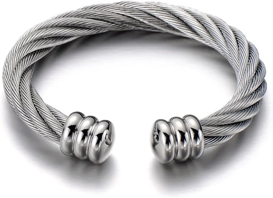 COOLSTEELANDBEYOND Large Elastic Adjustable Steel Twisted Wire Cuff Bangle Bracelet for Men Women