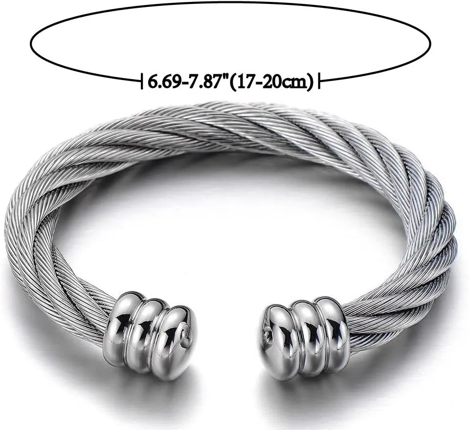 COOLSTEELANDBEYOND Large Elastic Adjustable Steel Twisted Wire Cuff Bangle Bracelet for Men Women
