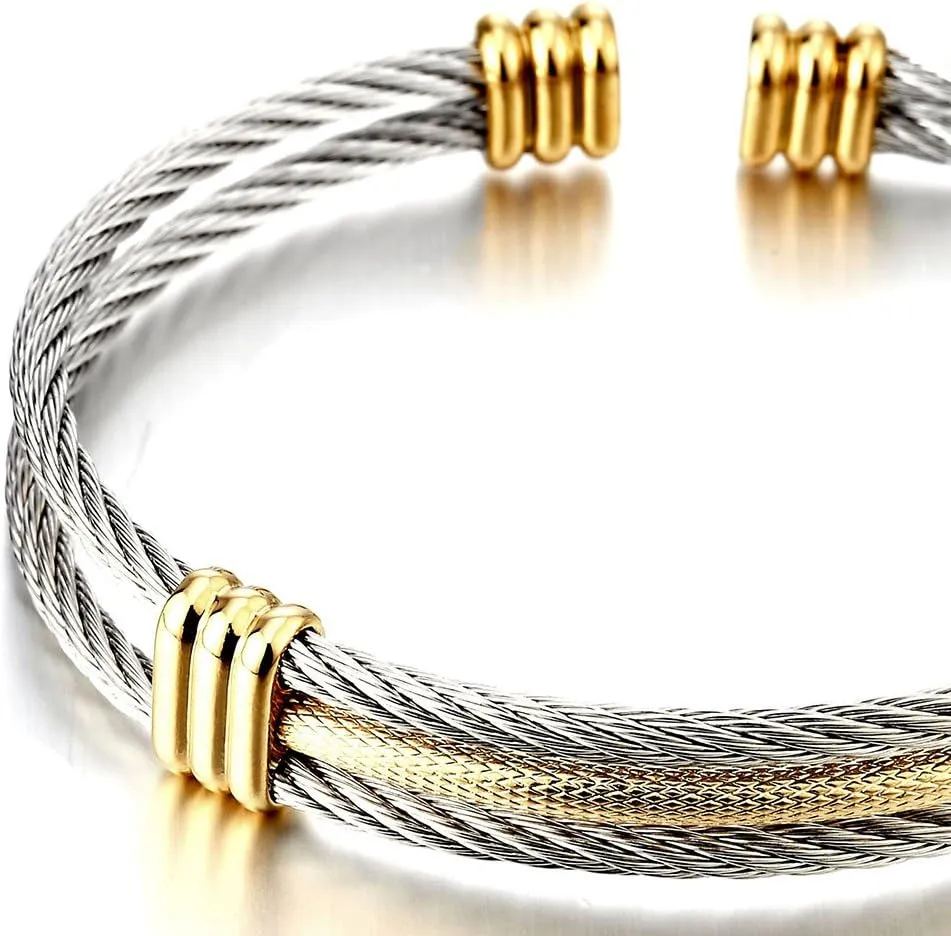 COOLSTEELANDBEYOND Men Women Stainless Steel Twisted Cable Adjustable Cuff Bangle Bracelet
